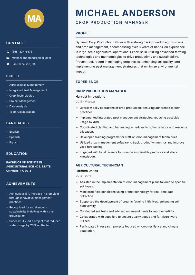 Crop Production Officer Resume Preview Example
