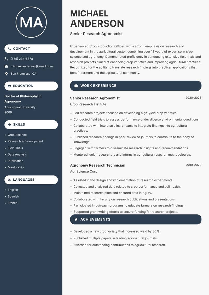 Crop Production Officer Resume Preview Example