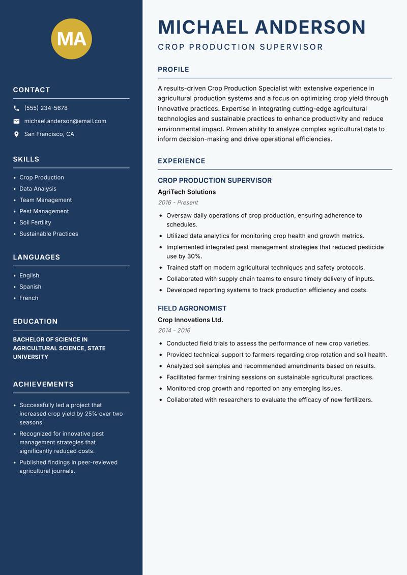 Crop Production Specialist Resume Preview Example