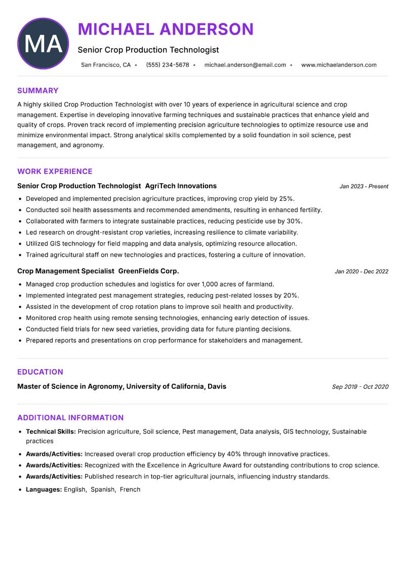 Crop Production Technologist Resume Preview Example