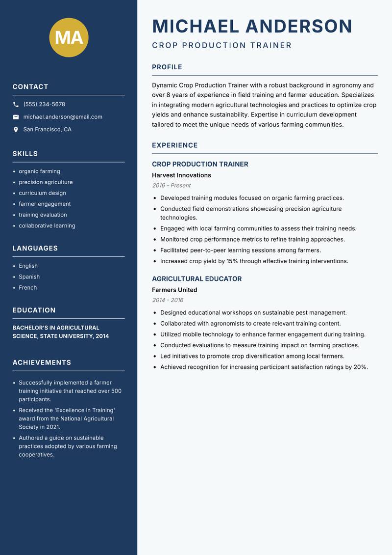 Crop Production Trainer Resume Preview Example