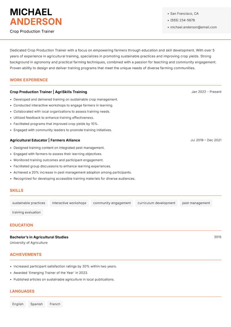 Crop Production Trainer Resume Template