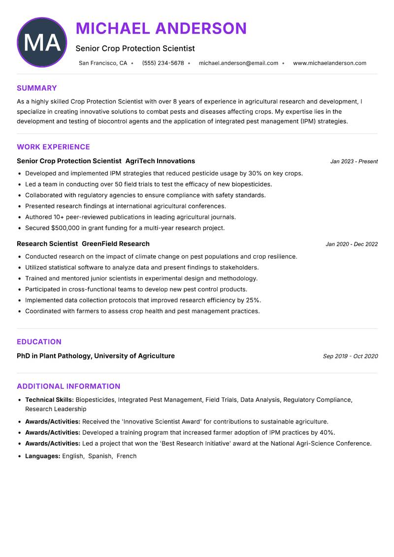 Crop Protection Scientist Resume Preview Example
