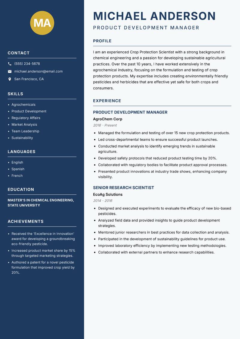 Crop Protection Scientist Resume Preview Example