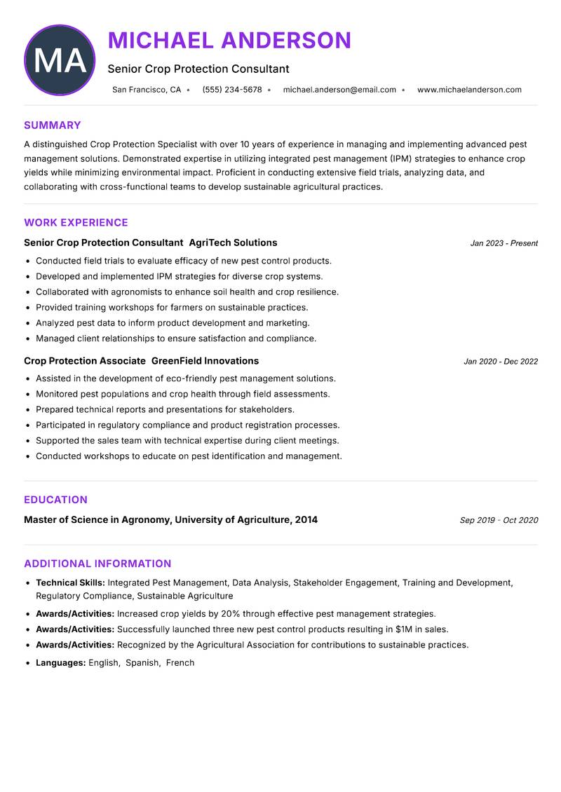 Crop Protection Specialist Resume Preview Example