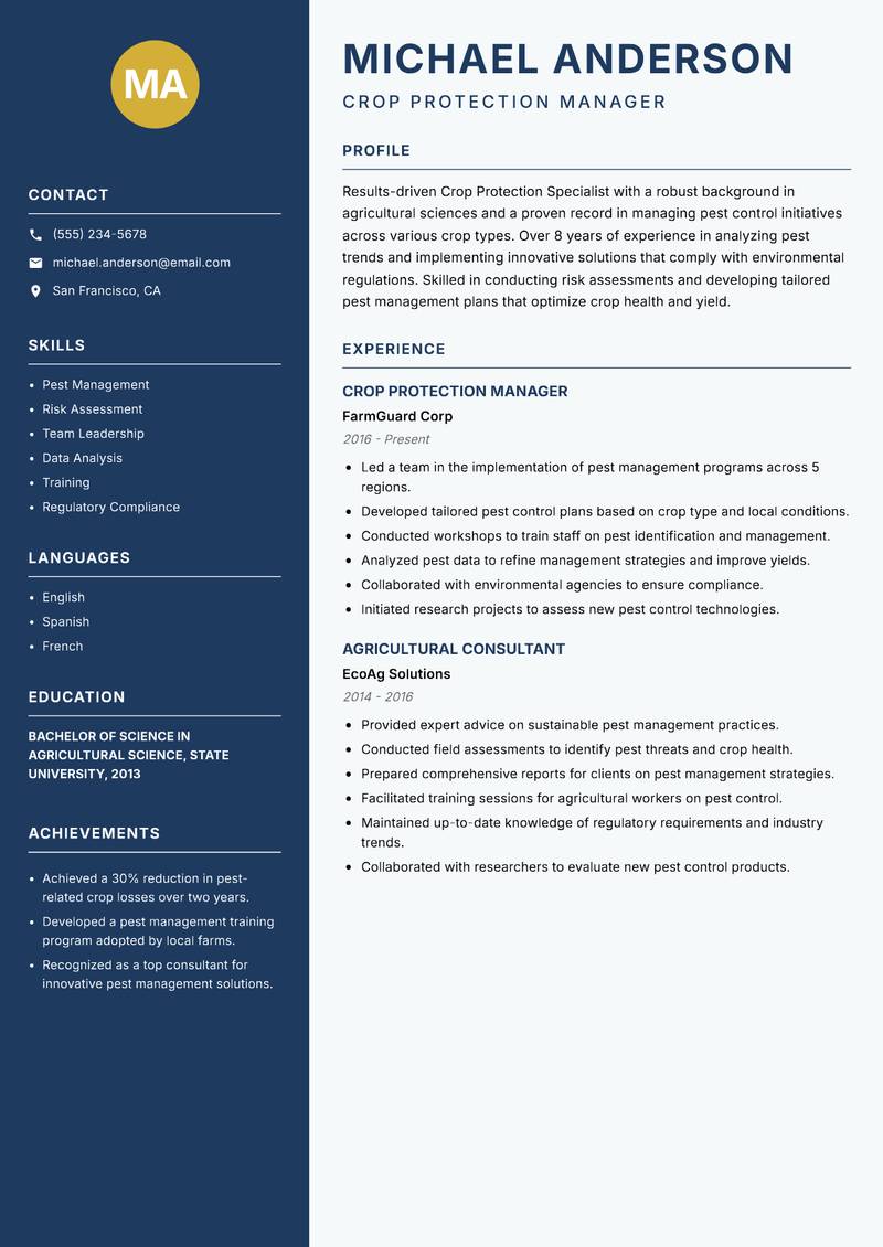 Crop Protection Specialist Resume Preview Example