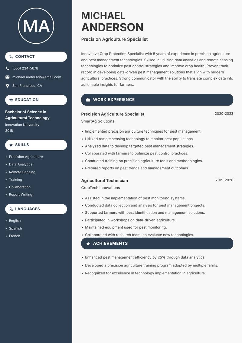 Crop Protection Specialist Resume Preview Example