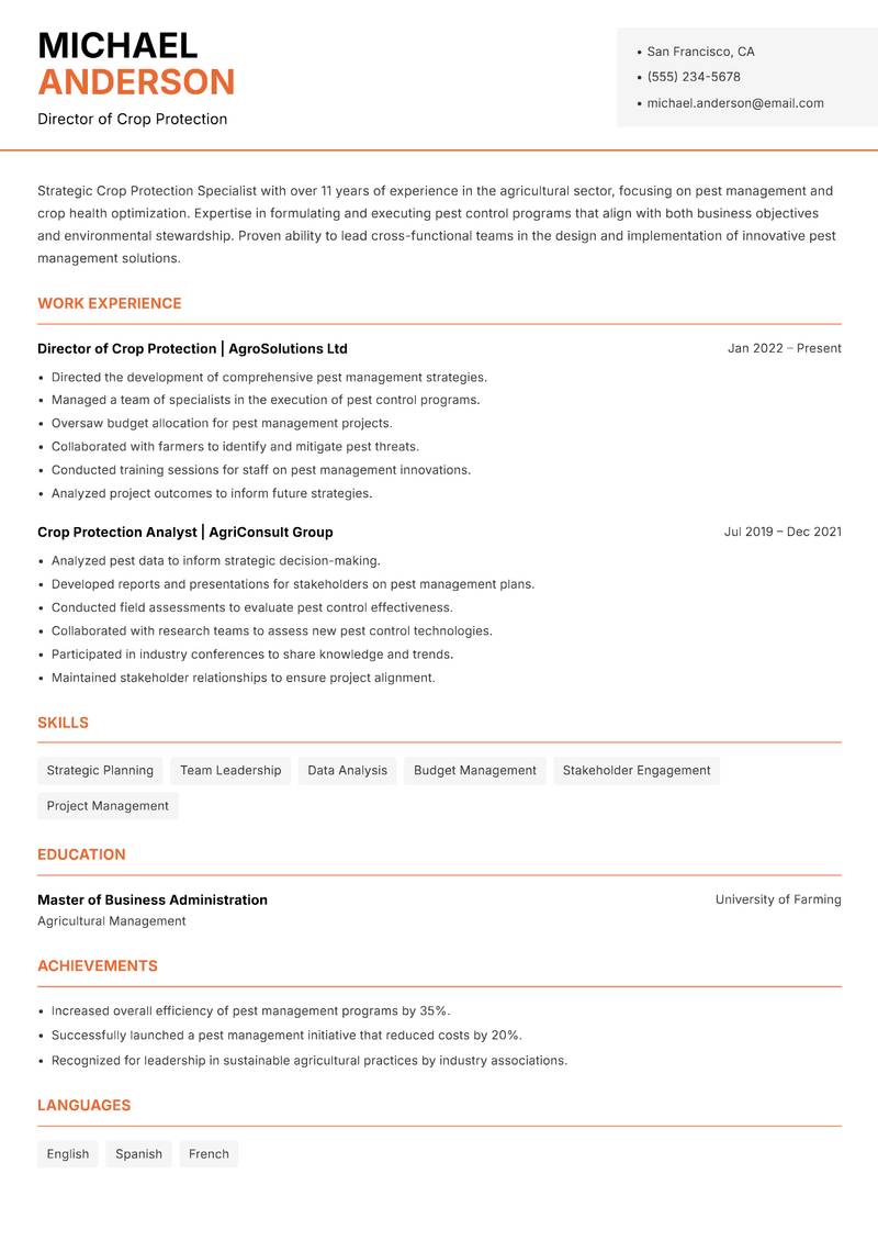 Crop Protection Specialist Resume Template