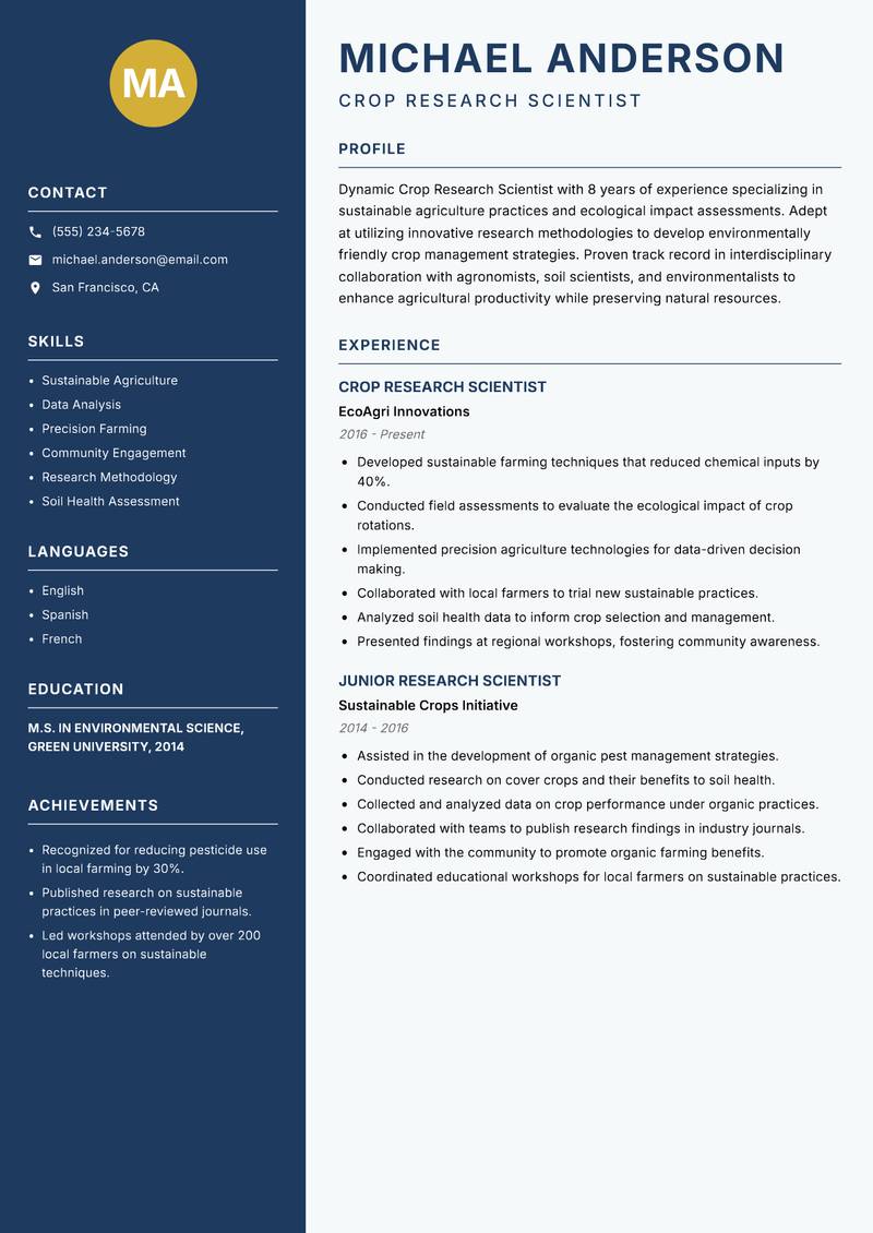 Crop Research Scientist Resume Preview Example
