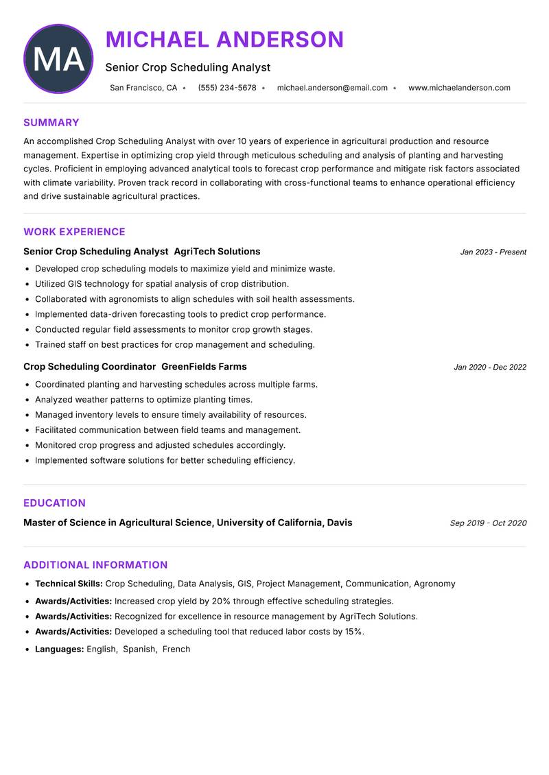 Crop Scheduling Analyst Resume Preview Example