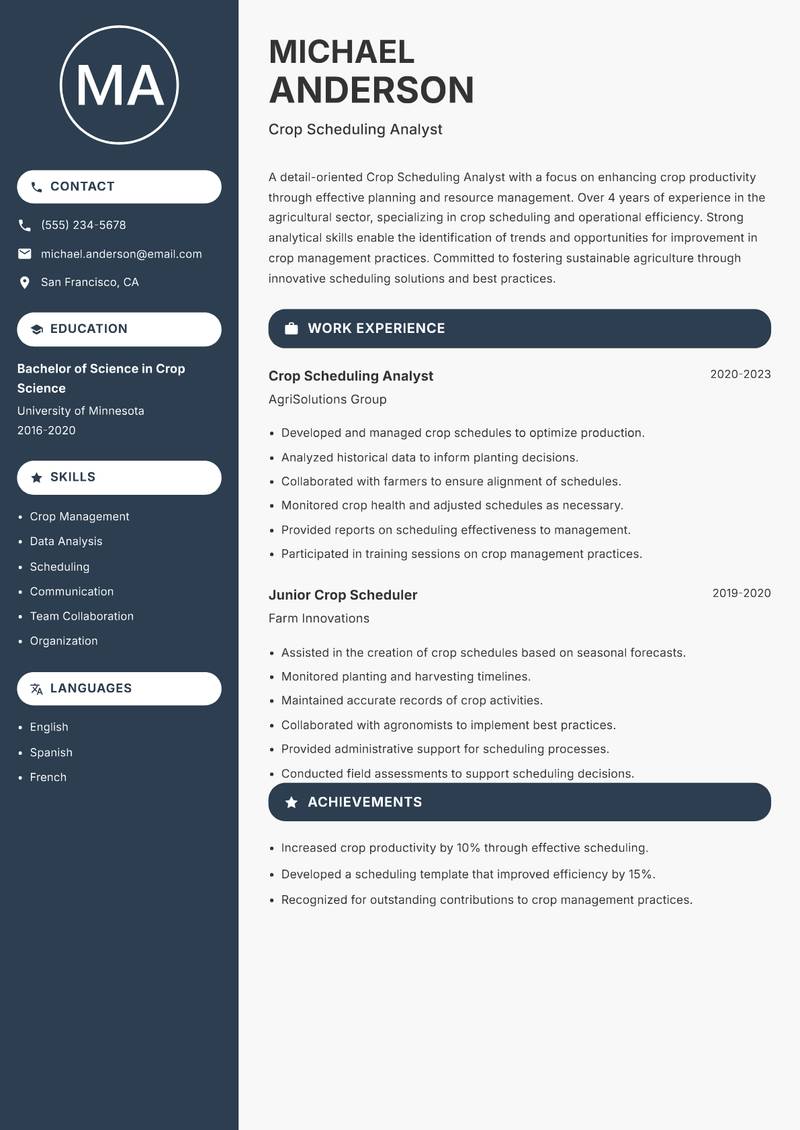 Crop Scheduling Analyst Resume Preview Example