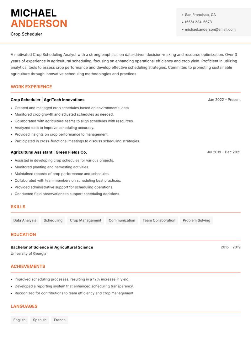 Crop Scheduling Analyst Resume Template