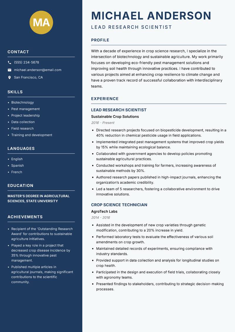 Crop Science Researcher Resume Preview Example