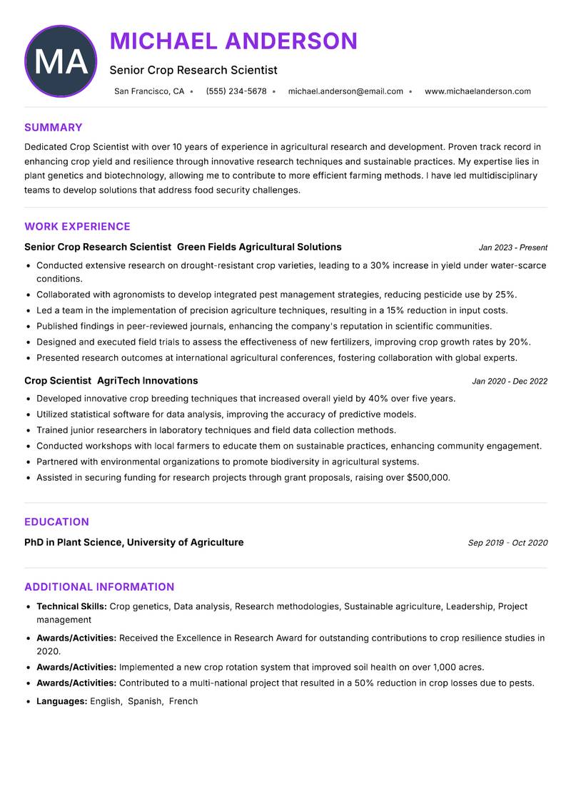 Crop Scientist Resume Preview Example