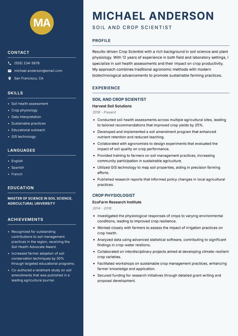 Crop Scientist Resume Preview Example