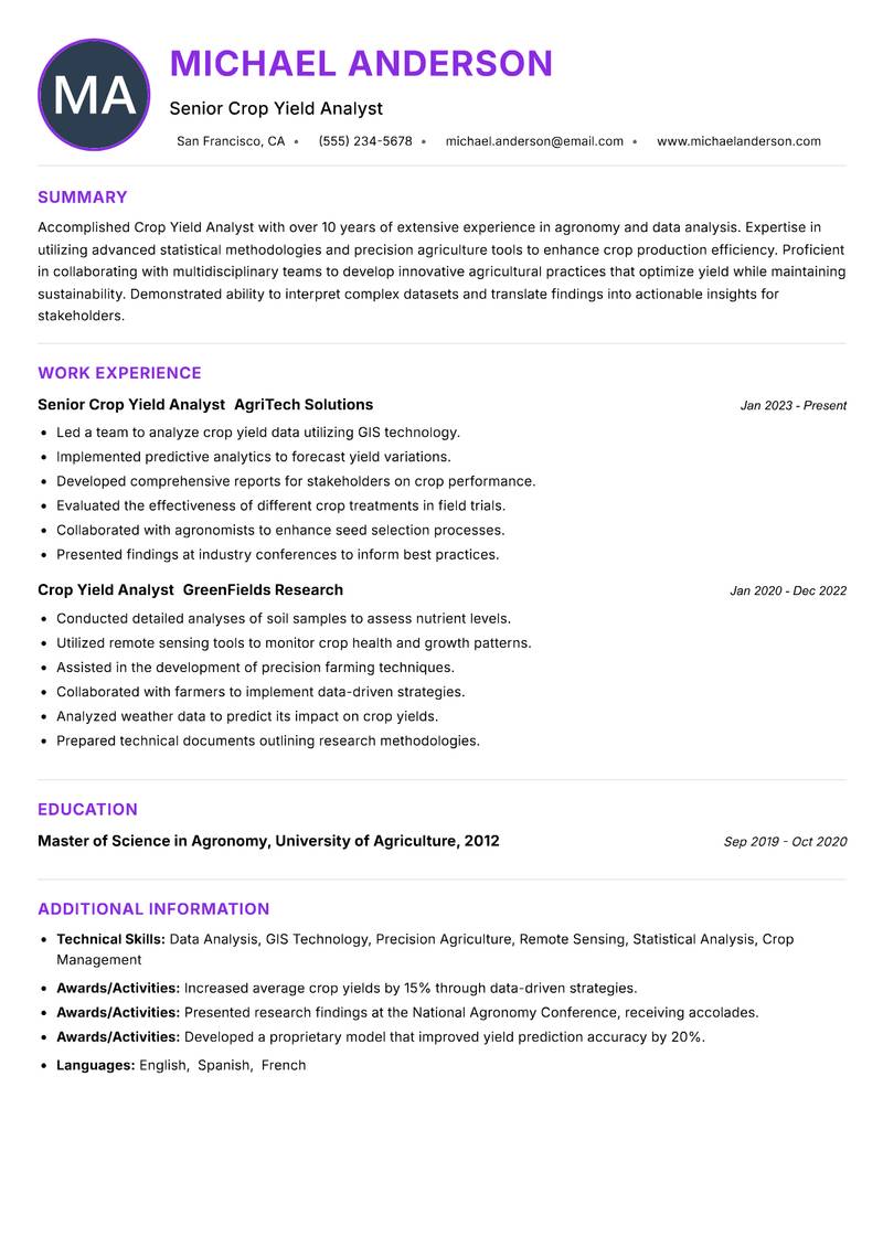 Crop Yield Analyst Resume Preview Example