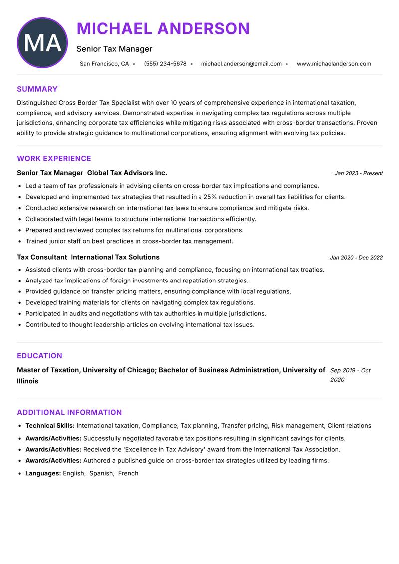 Cross Border Tax Specialist Resume Preview Example