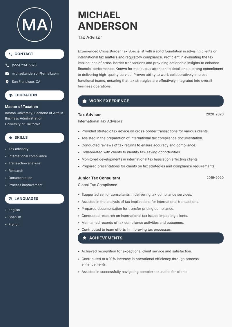 Cross Border Tax Specialist Resume Preview Example