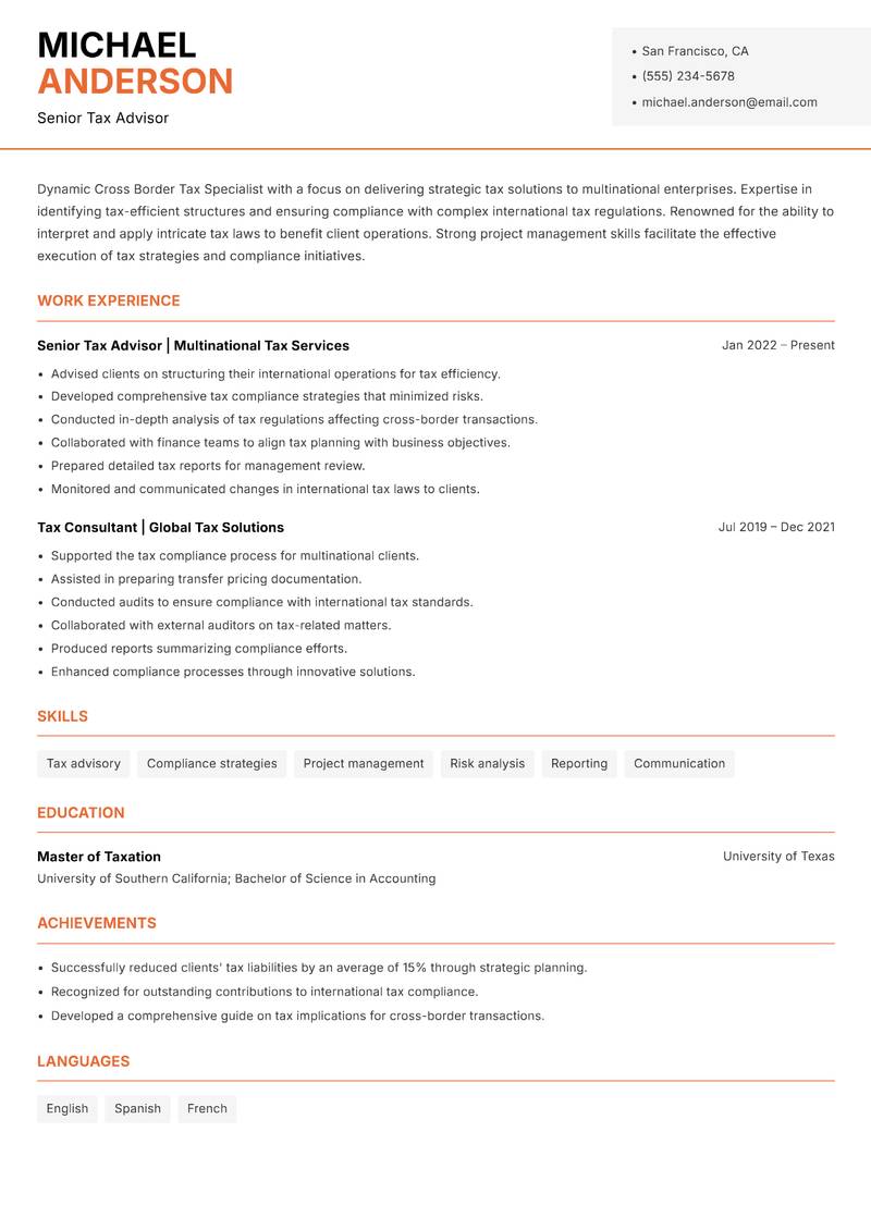 Cross Border Tax Specialist Resume Template