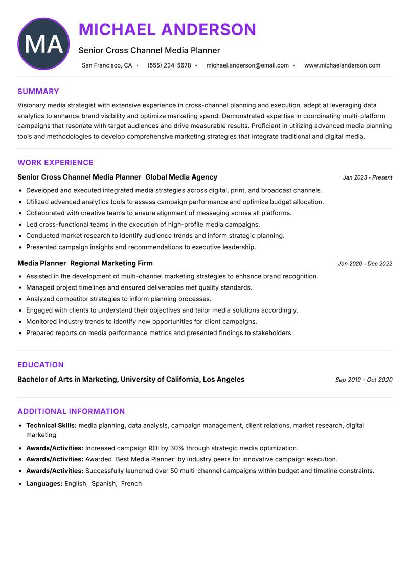 Cross Channel Media Planner Resume Preview Example