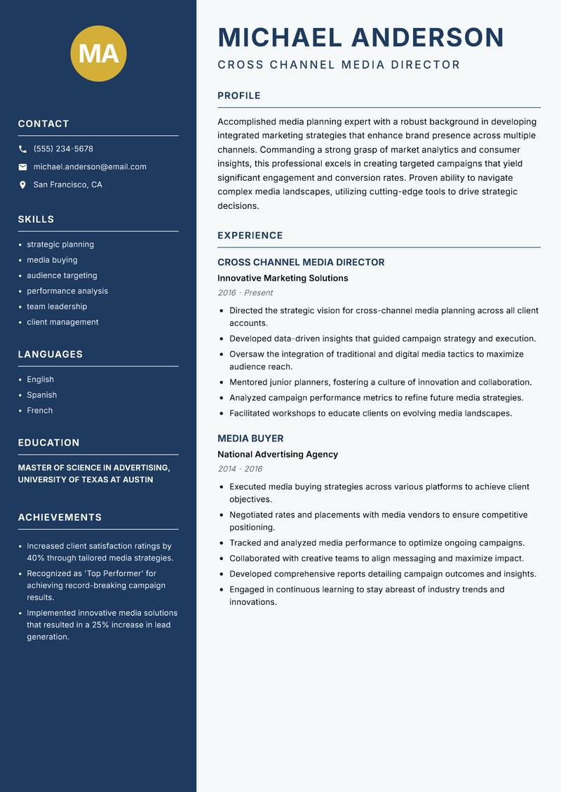 Cross Channel Media Planner Resume Preview Example