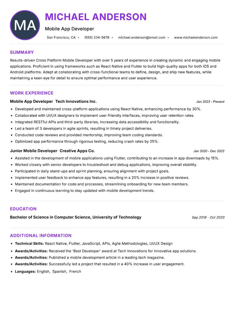 Cross Platform Mobile Developer Resume Preview Example