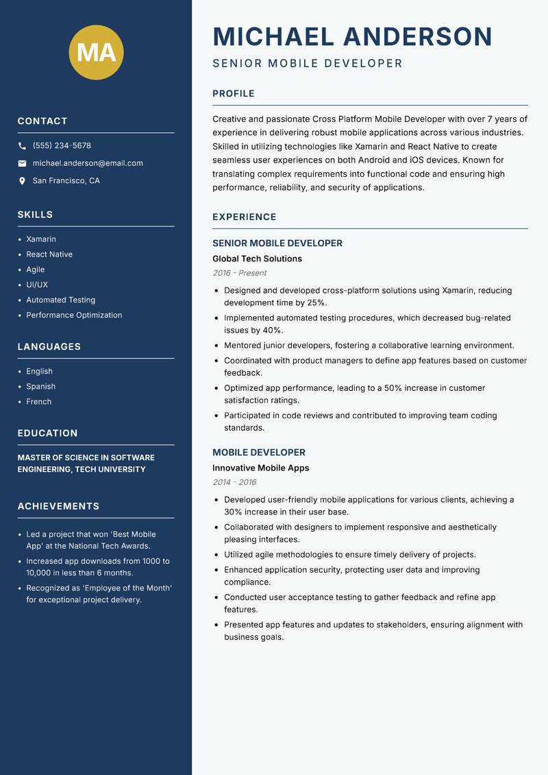Cross Platform Mobile Developer Resume Preview Example