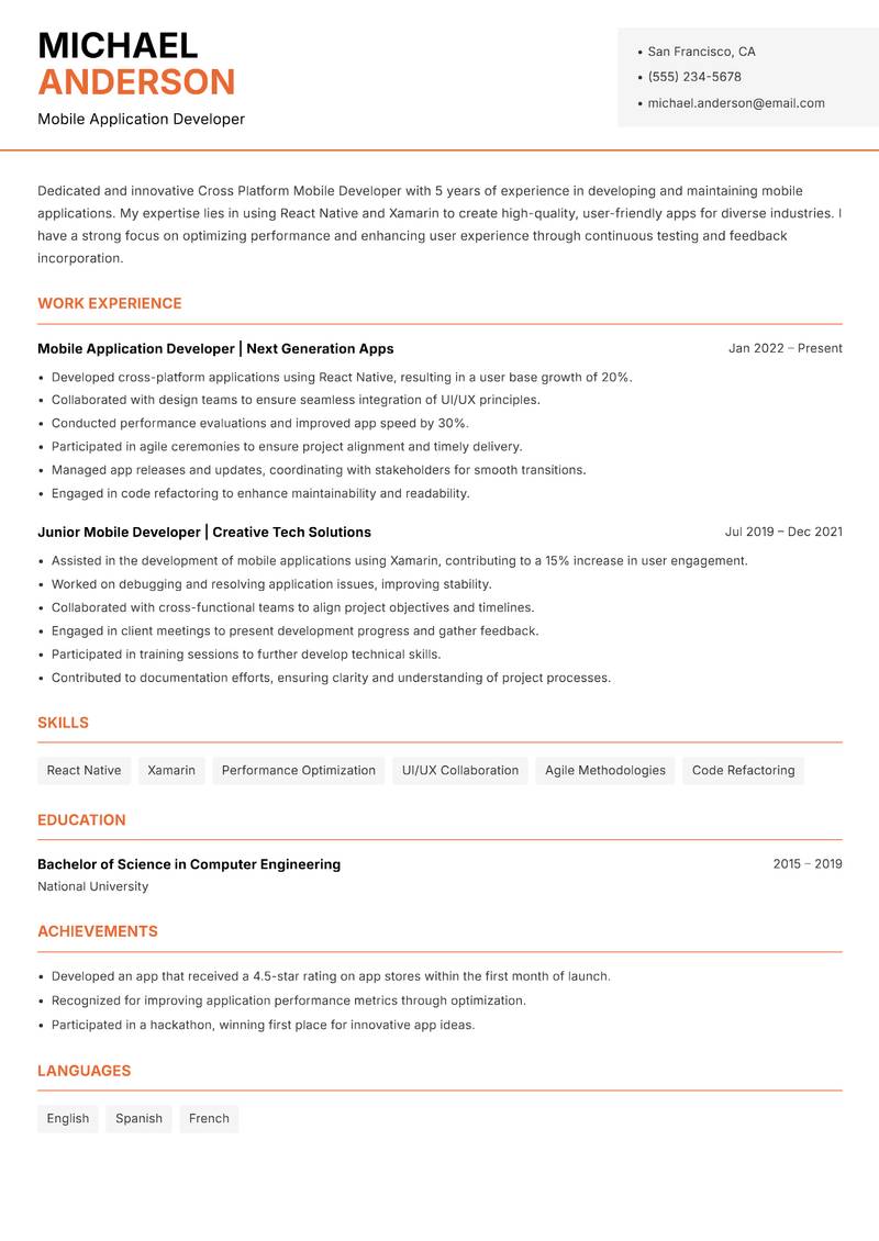 Cross Platform Mobile Developer Resume Template