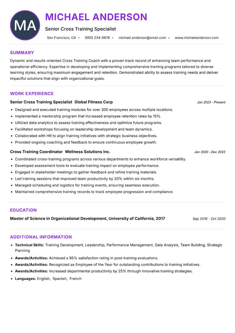 Cross Training Coach Resume Preview Example
