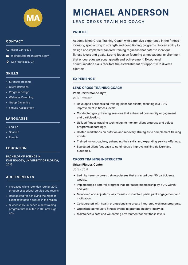 Cross Training Coach Resume Preview Example