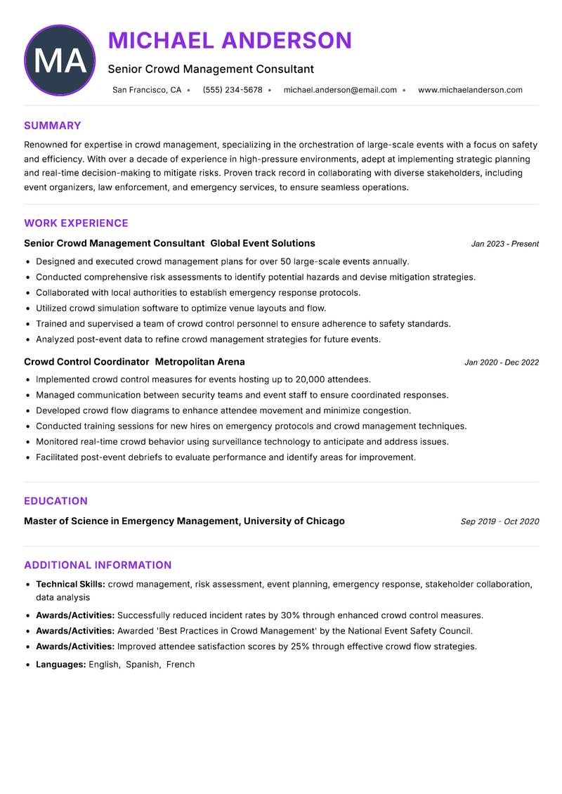 Crowd Management Specialist Resume Preview Example