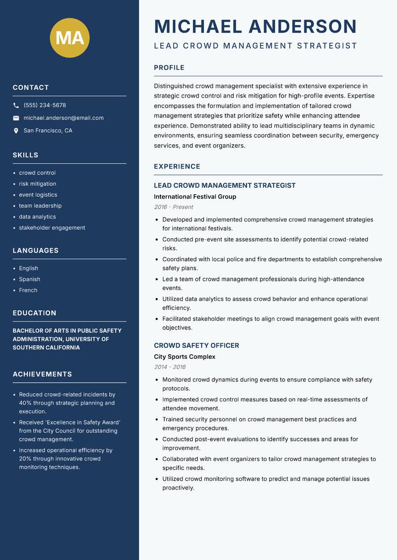 Crowd Management Specialist Resume Preview Example