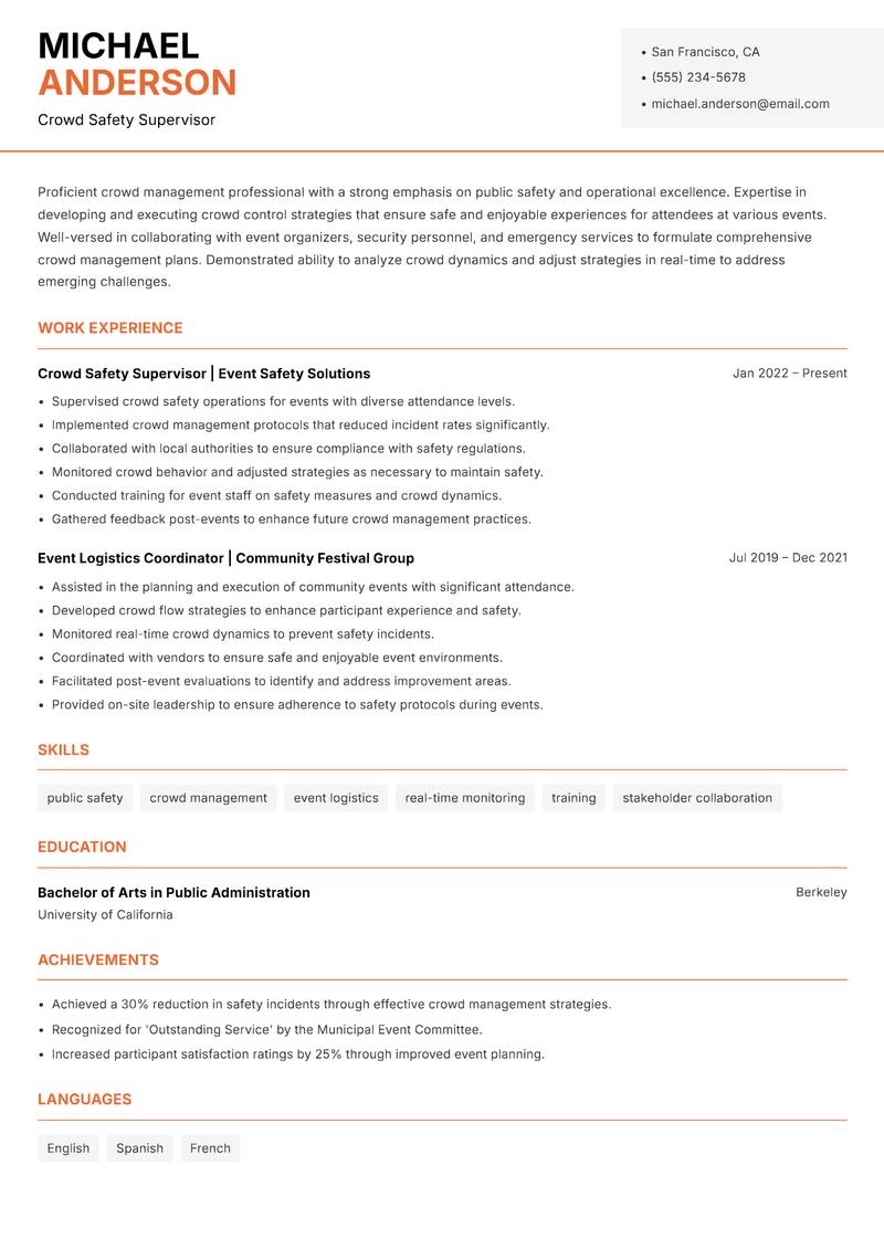 Crowd Management Specialist Resume Template