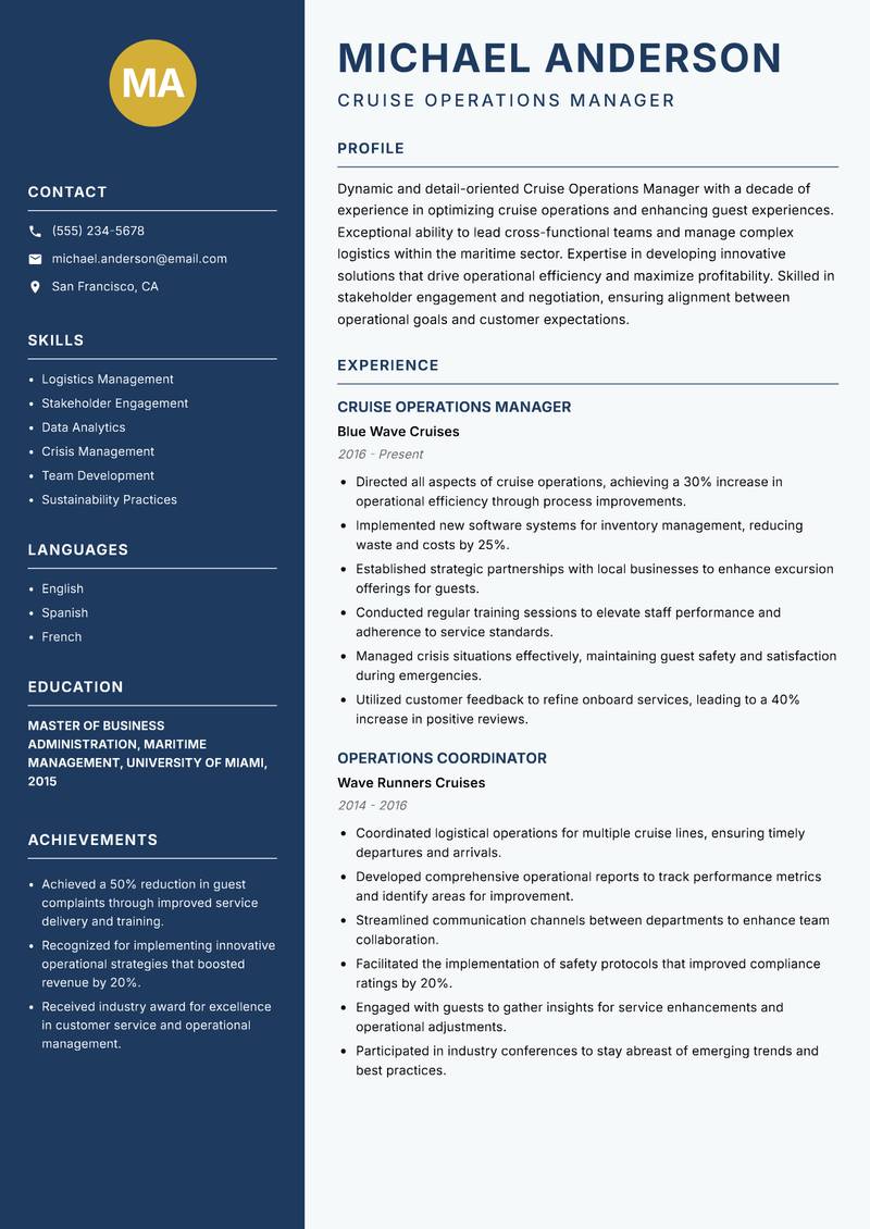 Cruise Operations Manager Resume Preview Example
