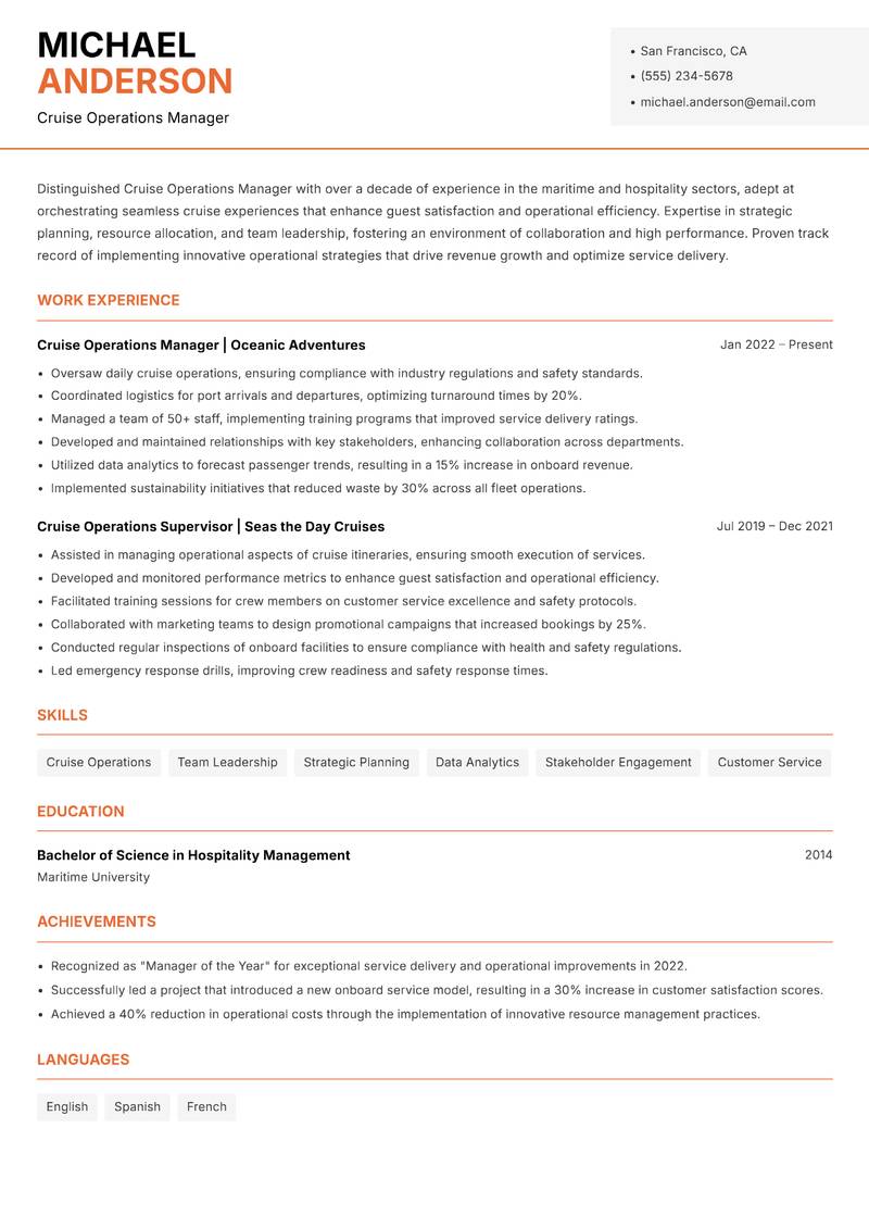 Cruise Operations Manager Resume Template