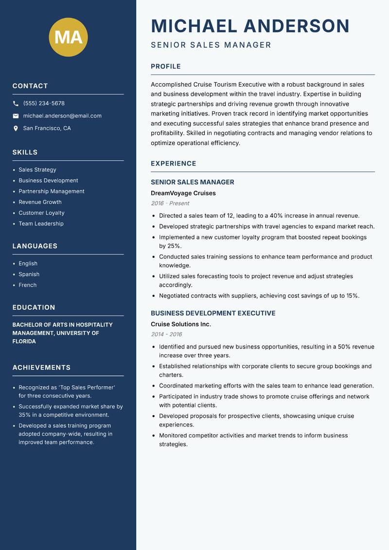 Cruise Tourism Executive Resume Preview Example