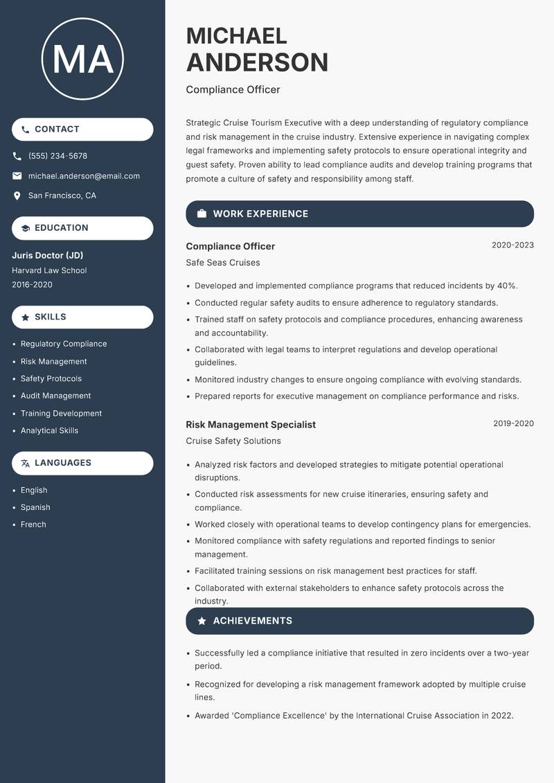 Cruise Tourism Executive Resume Preview Example