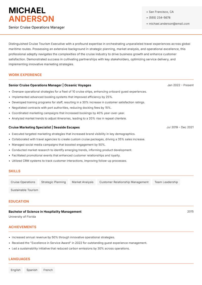 Cruise Tourism Executive Resume Template