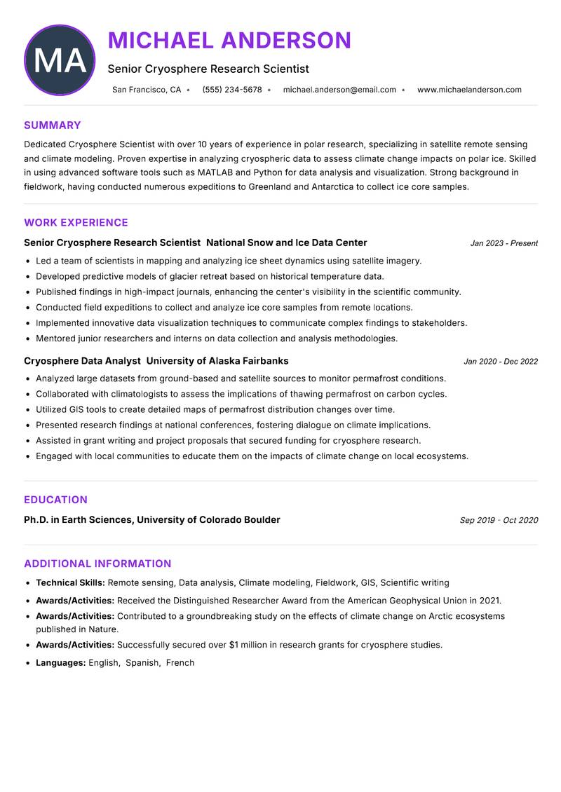 Cryosphere Scientist Resume Preview Example
