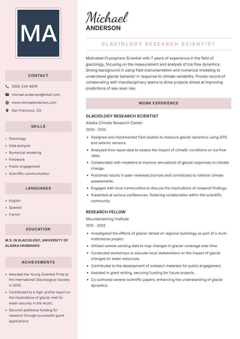 Cryosphere Scientist Resume Preview Example