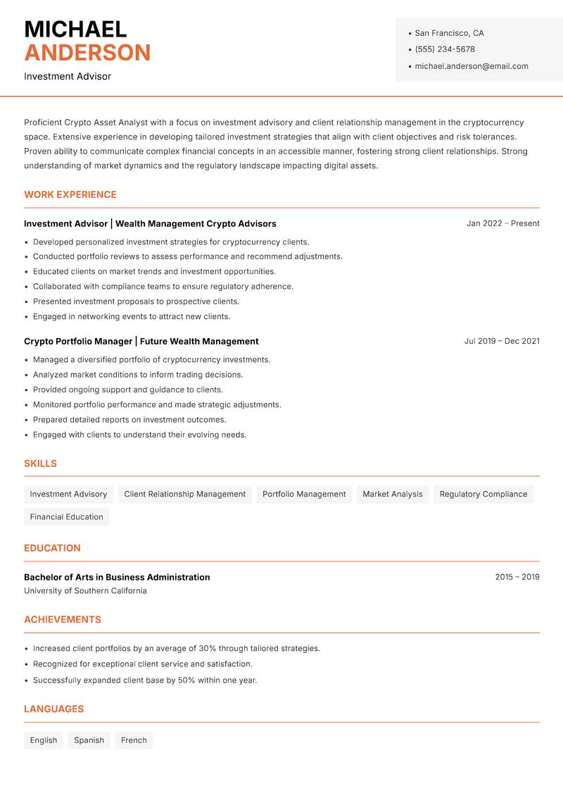 Crypto Asset Analyst Resume Template