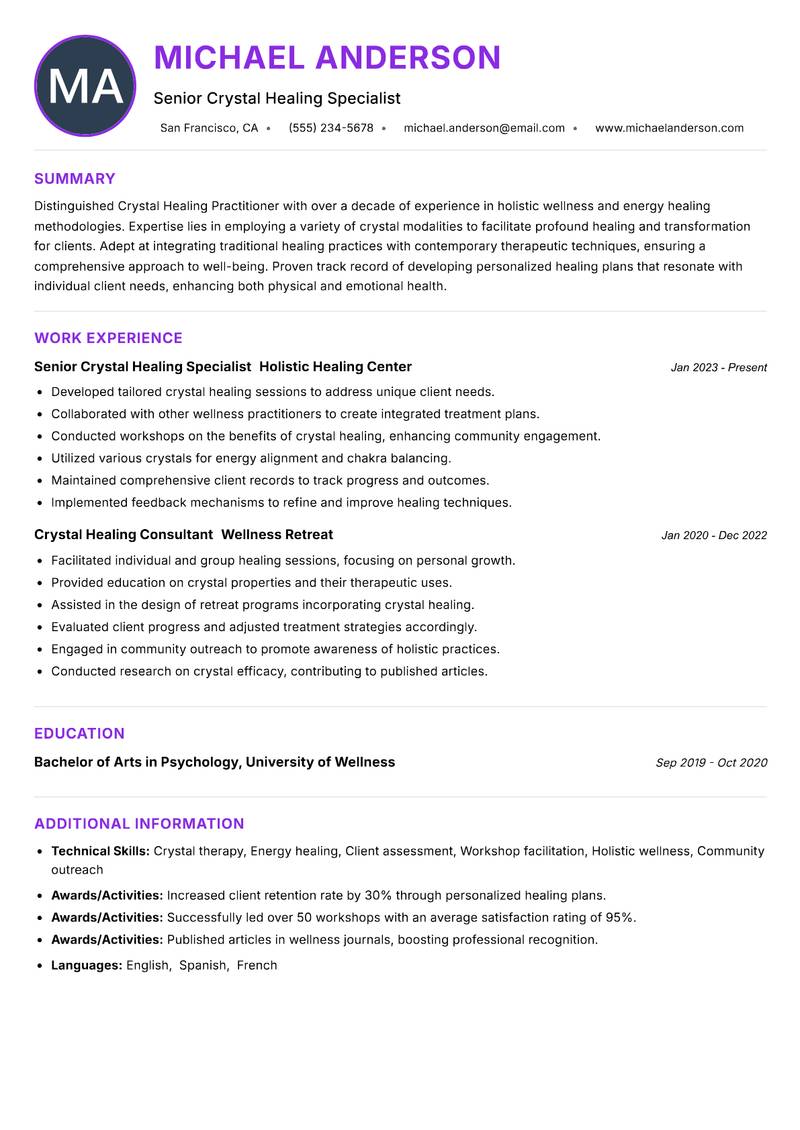 Crystal Healing Practitioner Resume Preview Example