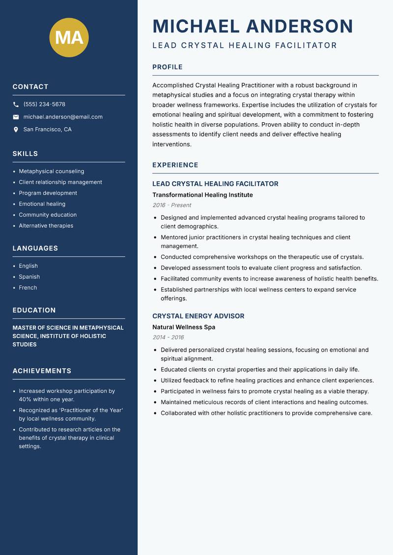 Crystal Healing Practitioner Resume Preview Example
