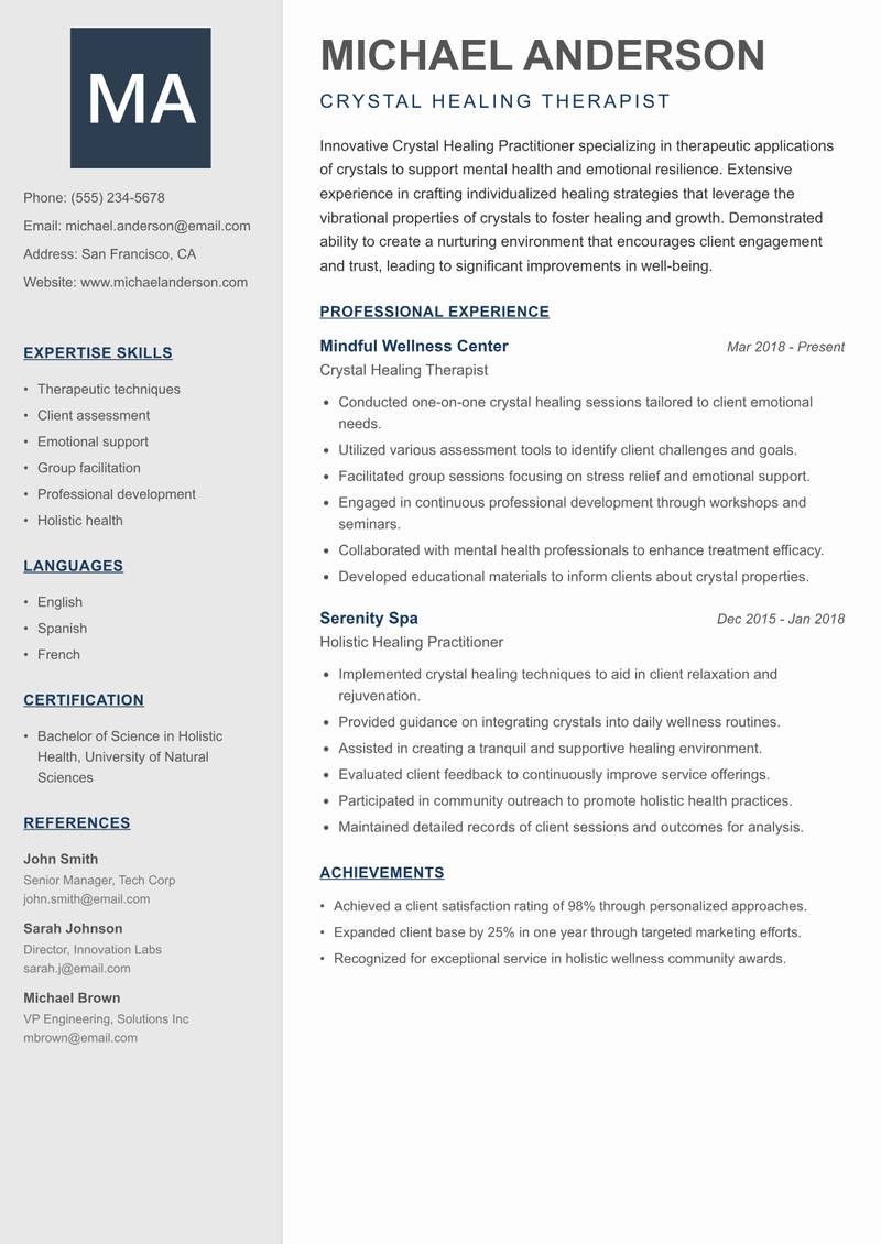 Crystal Healing Practitioner Resume Preview Example