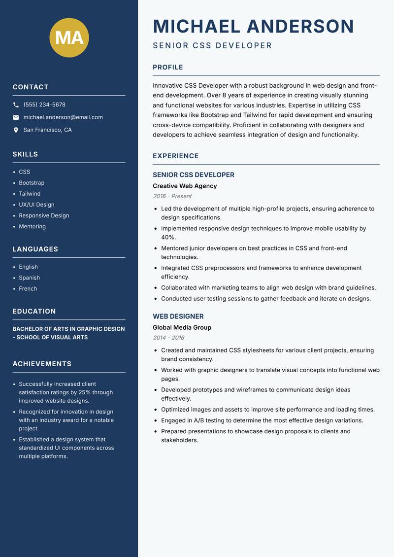 CSS Developer Resume Preview Example