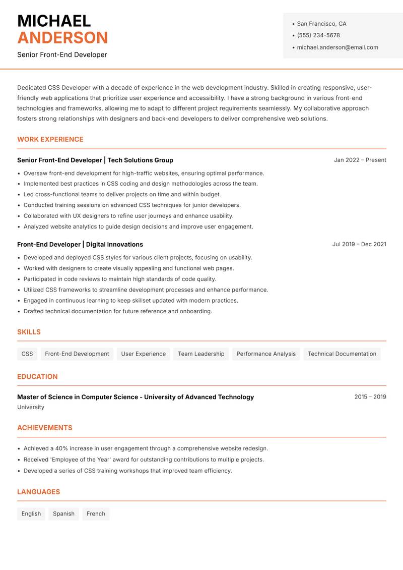 CSS Developer Resume Template