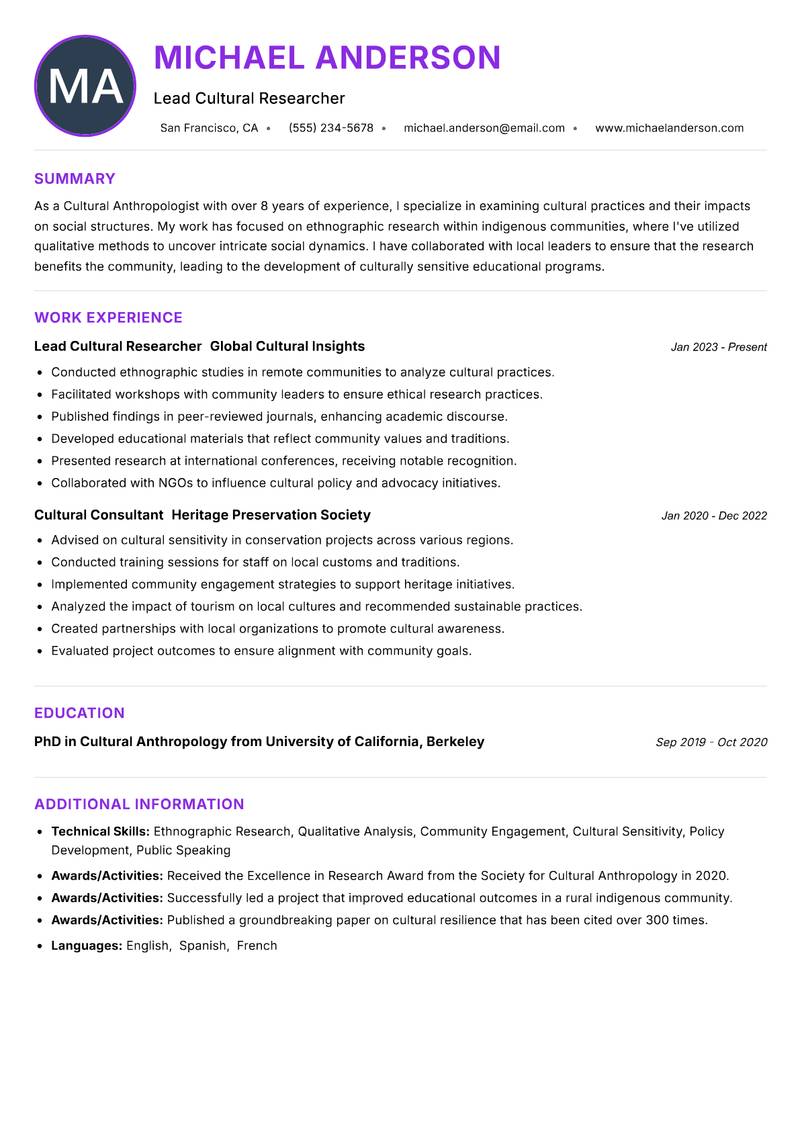Cultural Anthropologist Resume Preview Example