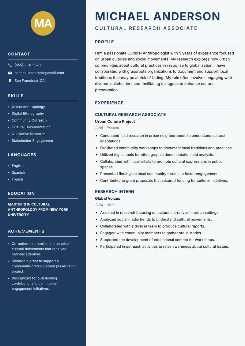 Cultural Anthropologist Resume Preview Example