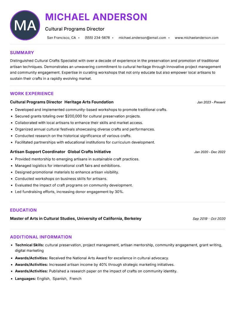 Cultural Crafts Specialist Resume Preview Example