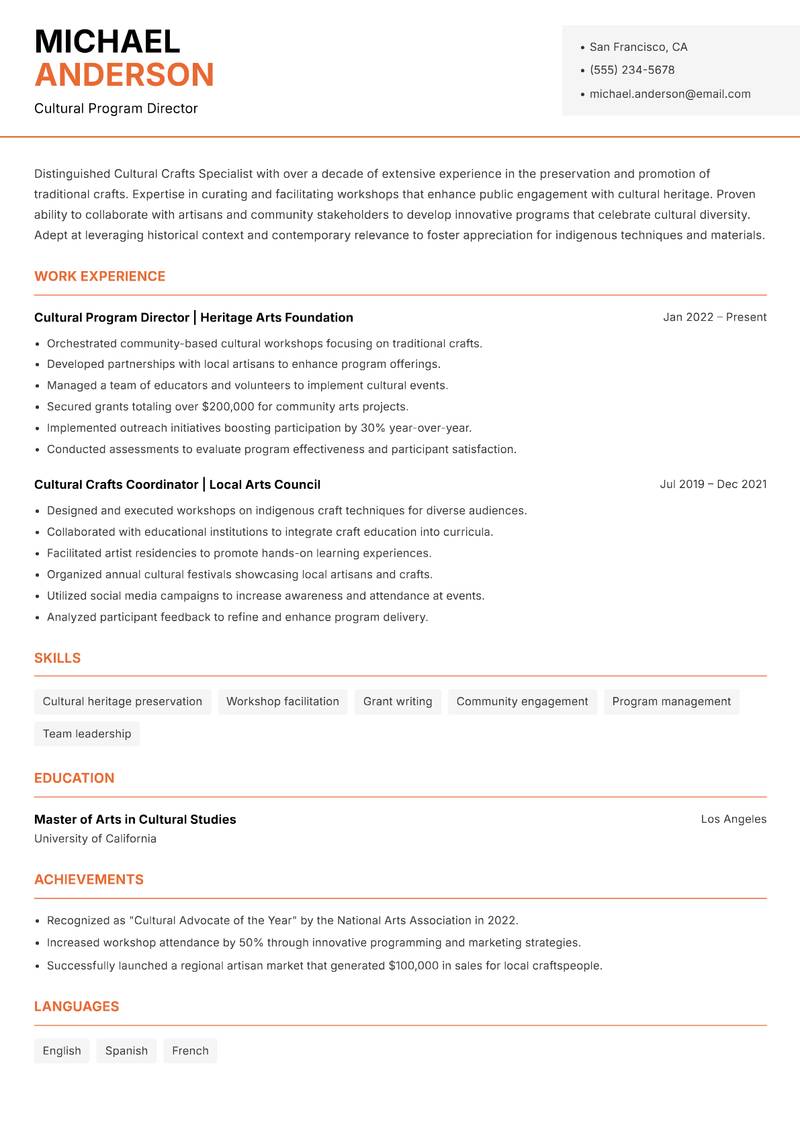 Cultural Crafts Specialist Resume Template